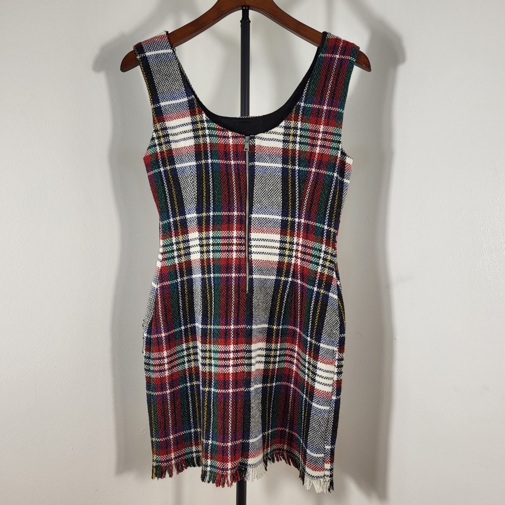 Zara TRF Plaid Tweed Mini Dress Sleeveless Fringe Zipper Front Multi Color Small